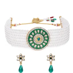 Zaveri Pearls Green & White Meenakari Multistrand Pearl Choker Jewellery Set-picture-22