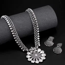 Yellow Chimes Women Silver-plated Oxidized Long Necklace Set-image-85