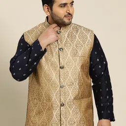 Sojanya PLUS Men's Beige & Golden Woven Design Nehru Jacket-picture-22