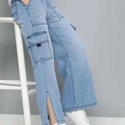 Mast & Harbour Women Light Fade Stretchable Cargo Style Jeans With Side Slits-picture-25