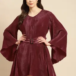 MABISH by Sonal Jain Maroon Satin Finish Accordion Pleats Fit & Flare Dress with Belt-picture-22