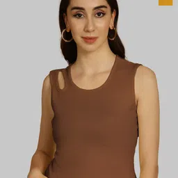 Friskers Brown & Mustard Yellow Keyhole Neck Cotton Sleeveless Top-image-19
