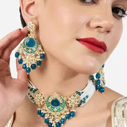 Zaveri Pearls Gold-Plated Stone Studded & Beaded Jewellery Set-picture-14