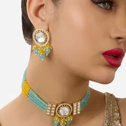 Zaveri Pearls Gold-Plated Stone Studded & Beaded Jewellery Set-picture-27