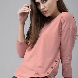 Roadster Women Pink Solid Pure Cotton Top with Button Details on Side-image-64