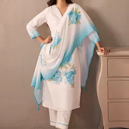 Indo Era Floral Printed V-Neck Linen Straight Kurta With Trousers & Dupatta-picture-29