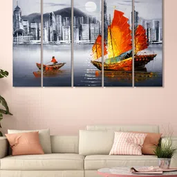 999Store Set of 5 Black & White Printed Modern City And Vintage Boat Framed Wall Art-image-7