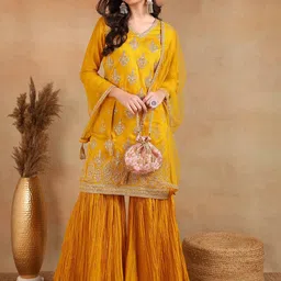 AHIKA Mustard Yellow Ethnic Motifs Embroidered Sequinned Kurta With Sharara & Dupatta-picture-40
