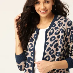 DressBerry Women Navy Blue & Nude-Coloured Animal Print Cardigan-picture-36