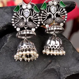 Saraf RS Jewellery Silver-Toned & Green Oxidised Peacock Shaped Jhumkas Earrings-picture-27