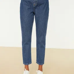 Trendyol Women Navy Blue Mom Fit High-Rise Pure Cotton Jeans-image-20