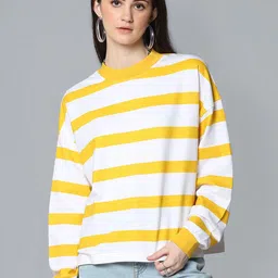 Flying Machine Women White & Yellow Striped Pure Cotton Sweatshirt-picture-36