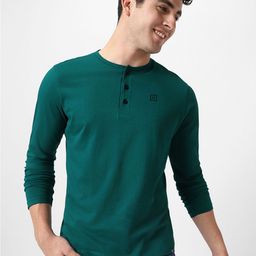 Urbano Fashion Men Green Solid Henley Neck Pure Cotton T-shirt-picture-48