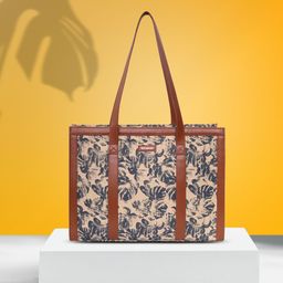 Belwaba Beige & Navy Blue Floral Printed Oversized Shopper Shoulder Bag-picture-26