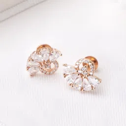 Zavya Rose Gold-Plated CZ Studded Sterling Silver Floral Studs Earrings-picture-36