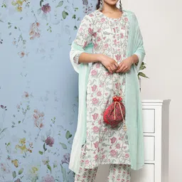 Varanga Women Blue Floral Printed Gotta Patti Pure Cotton Kurta with Trousers & With Dupatta-picture-14