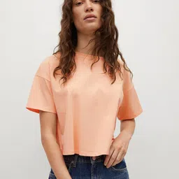 MANGO Women Peach-Coloured Pure Cotton Solid Drop-Shoulder Sleeves T-shirt-image-1