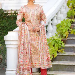 Anouk Cream Floral Printed Straight Kurta With Trousers And Dupatta-picture-13