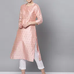 STREET 9 Women Pink & White Self Design Kurta with Trousers-picture-18