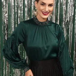STREET 9 Puff Sleeves High Neck Embellished Satin Top-picture-32