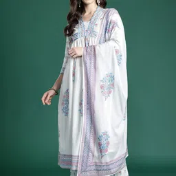 Indo Era Floral Printed Pure Cotton Kurta with Trousers & Dupatta-image-97