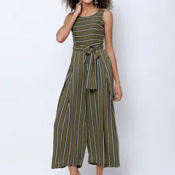 Tokyo Talkies Olive Green & White Striped Culotte Jumpsuit-image-79