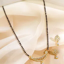 Rubans 18KT Gold-Plated CZ-Studded & Beaded Curved Bar Pendant Mangalsutra With Earrings-picture-39