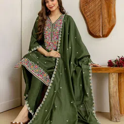 SANISA Ethnic Motifs Embroidered V-Neck Sequinned Straight Kurta With Trousers & Dupatta-image-29