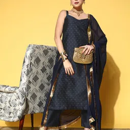 Varanga Women Woven Design Silk Blend Spaghetti Straps Kurta Set-picture-32