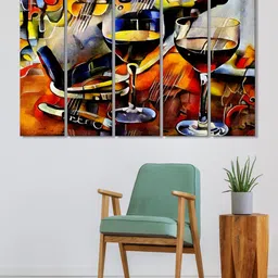 999Store Set of 5 Yellow & Brown Printed Wine Glass Framed Wall Art-image-20