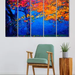 999Store Set of 5 Blue & Yellow Printed Leaves Tree Framed Wall Art-image-36
