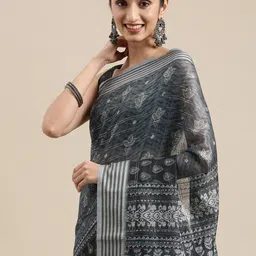 Mitera Charcoal Ethnic Motifs Silk Blend Banarasi Saree-picture-26