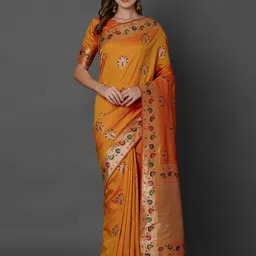 Mitera Orange Silk Blend Woven Design Kanjeevaram Saree-image-41