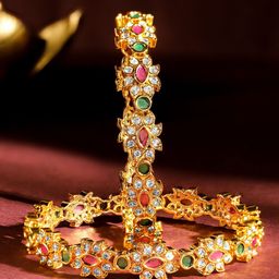 Rubans Set of 2 22K Gold-Plated Ruby Pink & Emerald Green Stone Handcrafted Bangles-picture-25