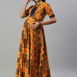 Swishchick Mustard Yellow & Navy Blue Ethnic Motifs Printed Maternity A-Line Maxi Dress-image-15