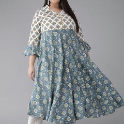 YASH GALLERY Plus Size Women White & Blue Ethnic Motifs Printed Bell Sleeves Kurta-picture-25