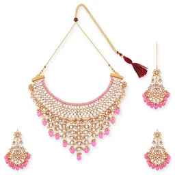 Swarajshop Gold-Plated & White Stone-Studded Pink Pearl Beaded Jewellery Set-picture-24