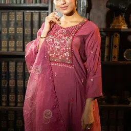 Indo Era Floral Embroidered Thread Work Kurta With Trousers & Dupatta-picture-41