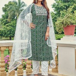 TRAHIMAM Women Embroidered Regular Kurta with Trousers & With Dupatta-picture-34