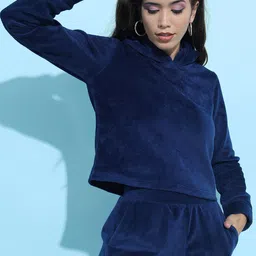 Tokyo Talkies Women Navy Blue Velvet Hooded Sweatshirt-image-30