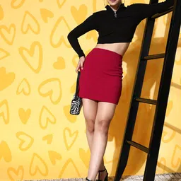 Berrylush Women Red Solid High Rise Bodycon Mini Skirt-picture-33