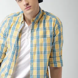 Harvard Men Yellow & Blue Slim Fit Checked Sustainable Casual Shirt-image-79