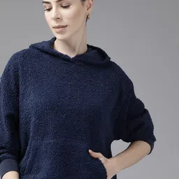 Roadster Women Navy Blue Boucle Knit Hooded Sweatshirt-image-82