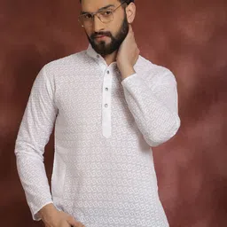 SOJANYA Men White Chikankari Embroidered Straight Kurta-picture-12
