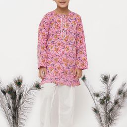 Little Bansi Boys Pink Floral Printed Pure Cotton Kurta with Pyjamas-picture-14