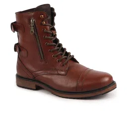 FAUSTO Men Tan Brown Solid Leather Heeled Biker Boots-picture-16