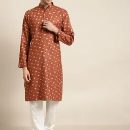 SOJANYA Men Rust Red & White Pure Cotton Ethnic Motifs Printed Kurta with Churidar-picture-14