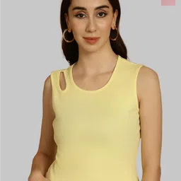 Friskers Yellow & Coral Keyhole Neck Cotton Sleeveless Top-image-35