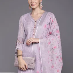 Indo Era Floral Embroidered Regular Thread Work Linen Kurta with Trousers & Dupatta-image-52