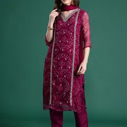 Indo Era Bandhani Printed Zari Panelled Silk Chiffon Kurta with Trousers & With Dupatta-picture-15